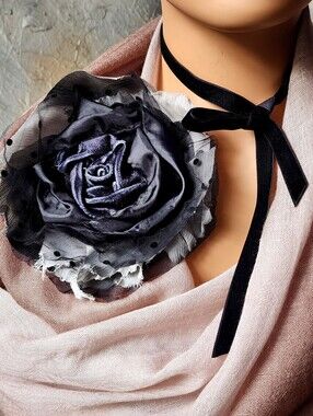 Large Black Rose Bowtie Jabot Vintage Lace Velvet Cottage Romantic Botanical